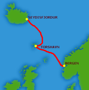 Mapa trasy Bergen - Seydisfjördur