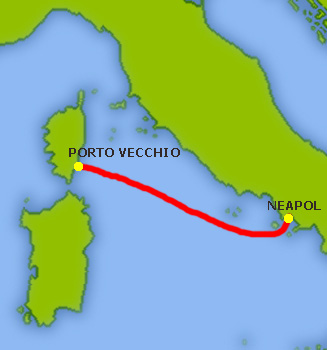 Mapa trasy Neapol - Porto Vecchio