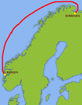 Mapa trasy Bergen - Kirkenes