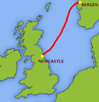 Mapa trasy Newcastle - Bergen