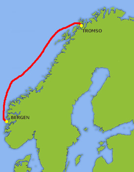 Mapa trasy Bergen - Tromsö