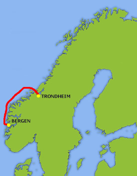 Mapa trasy Bergen - Trondheim