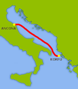 Mapa trasy Ancona-Korfu