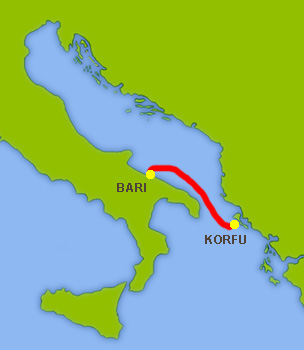 Mapa trasy Bari-Korfu