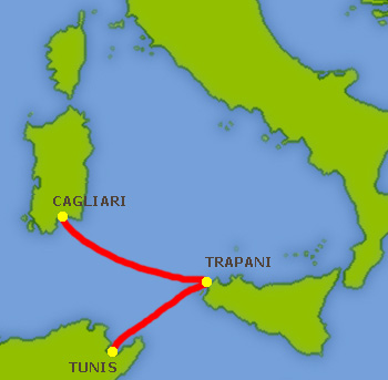 Mapa trasy Cagliari - Tunis